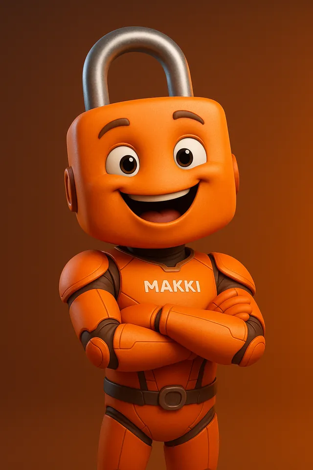 Makki, mascote da Maktub, de braços cruzados